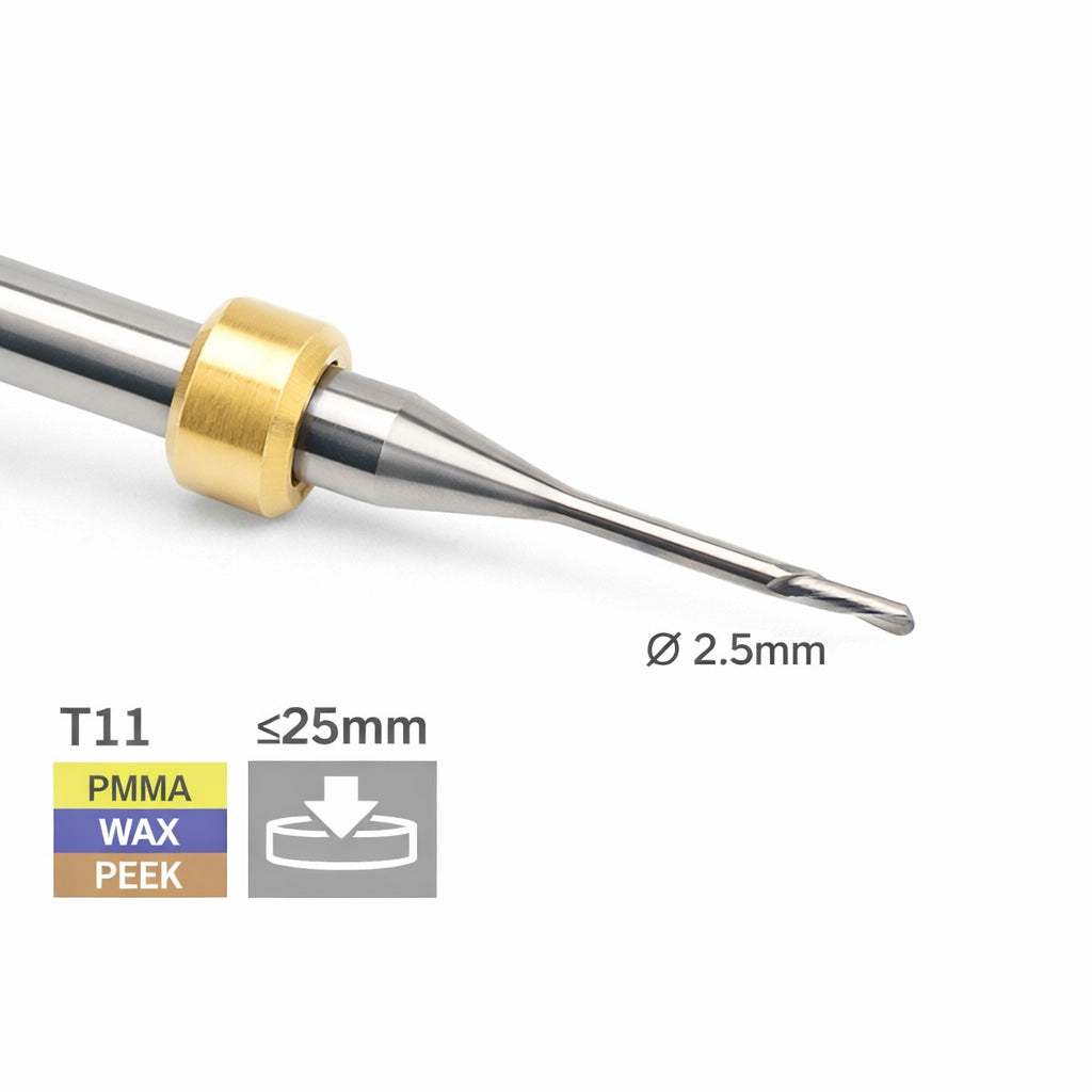 OSG Fräser T11 - Ø 2,5 l 6,0 mm Radiusfräser Einschneider l PMMA/WAX/PEEK